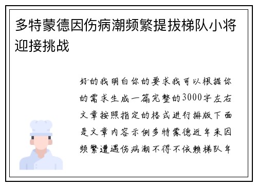 多特蒙德因伤病潮频繁提拔梯队小将迎接挑战