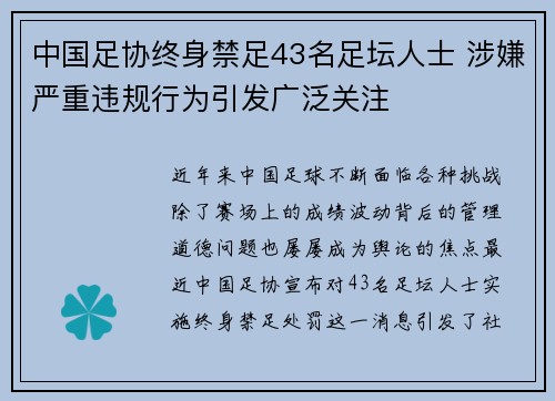中国足协终身禁足43名足坛人士 涉嫌严重违规行为引发广泛关注